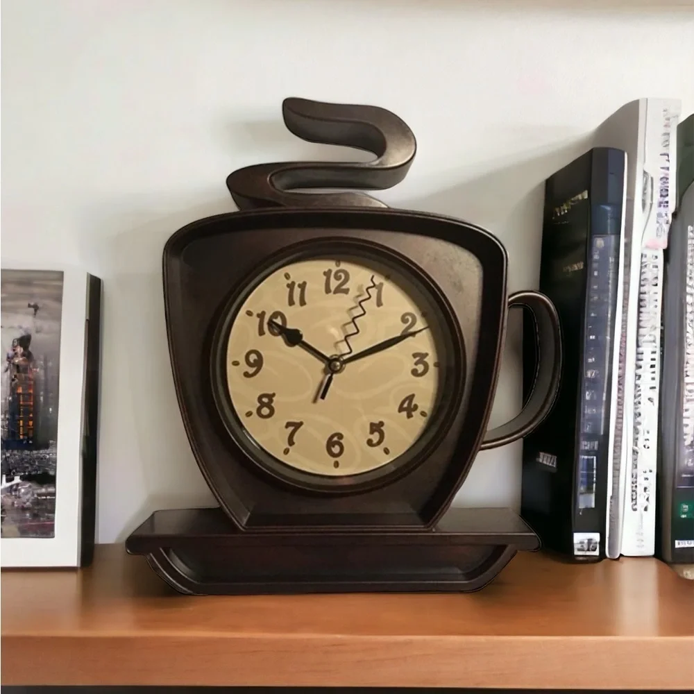 Coffee Cup Cappuccino Clock Battery Operated Wall Clock or Freestanding Brown